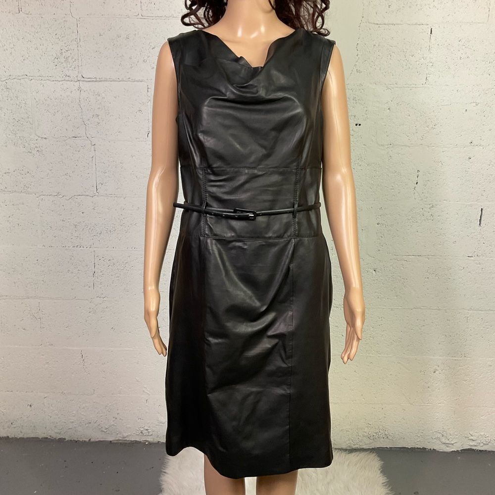 Armani Collezioni Black Lamb Leather Belted Moto Elegant Sheath Dress 10 - Picture 4 of 10